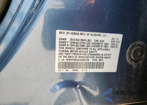2020 Honda Pilot Exl z USA, uszkodzony, nr VIN 5FNYF5H53LB005746